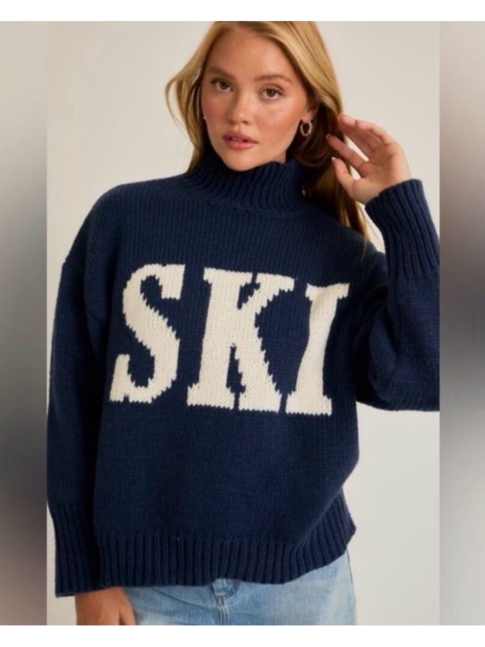 Le Lis Navy and White 'SKI' Intarsia Turtleneck Sweater - Women